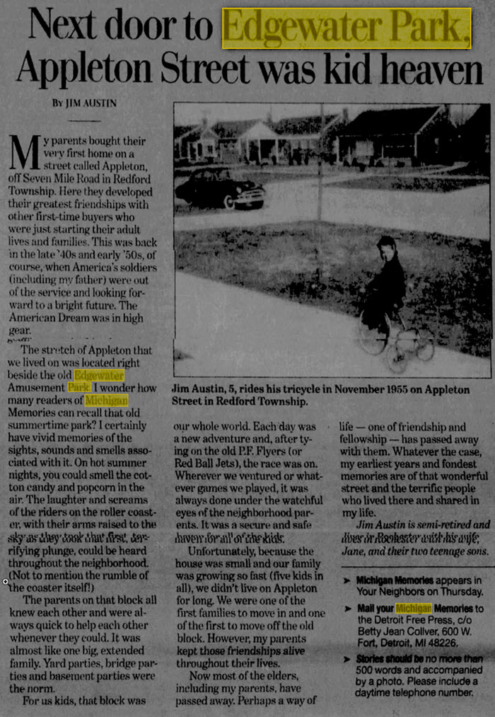 Edgewater Park - Kid Liked Living Next To The Park May 18 2000 Article (newer photo)